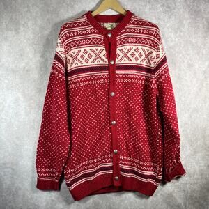 L.L. Bean Cardigan Sweater Mens XL Red Fair Isle Knit Button Front Heavy Holiday